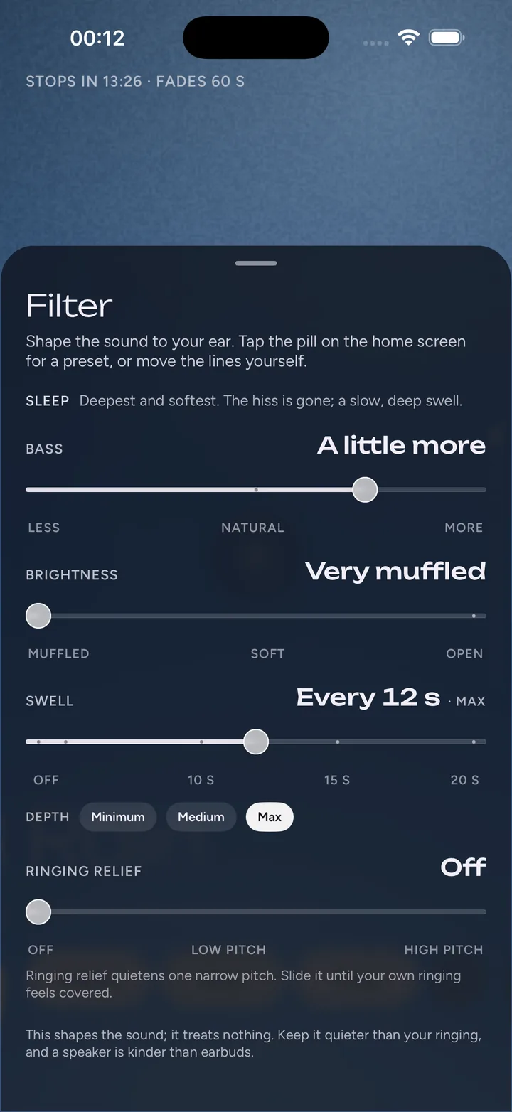 The Filter sheet: the Sleep preset with bass a little more, brightness very muffled, a swell every 12 seconds, and ringing relief off