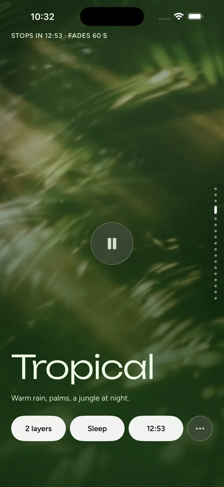 The Tropical lamp over blurred palm fronds in golden light, the pause ring, and the word Tropical