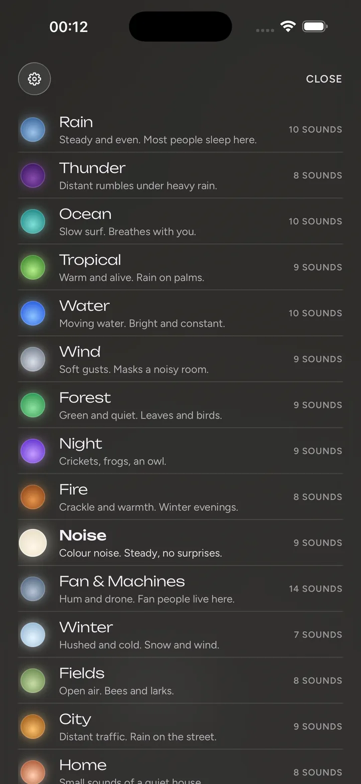 The soundscape index: rows for Rain, Thunder, Ocean, Tropical, Water, Wind, Forest, Night, Fire, Noise, Fan and Machines, Winter, Fields, City and Home, each with a lamp disc, one line, and how many sounds it holds