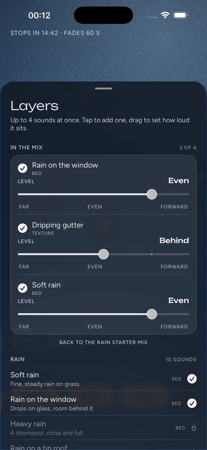 The Layers sheet over the Rain lamp: Rain on the window, Dripping gutter and Soft rain in the mix, each with a level from far to forward